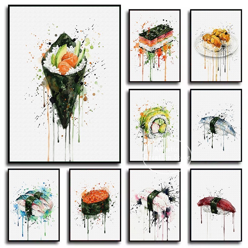 Japanese Food Lifestyle - Akwarelowy obraz japońskiego jedzenia: sushi z